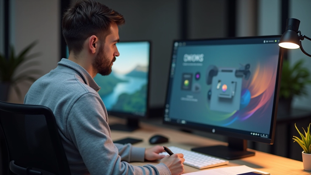 Designer arbeitet an Neumorphic-Interface auf großem Monitor mit Stift in der Hand