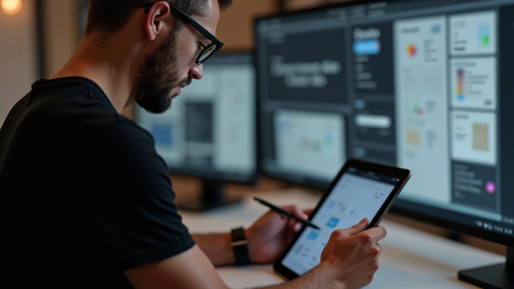 Designer arbeitet an Soft-UI-Elementen auf einem Grafiktablett, mehrere Schattenschichten sind in einem Design-Tool sichtbar