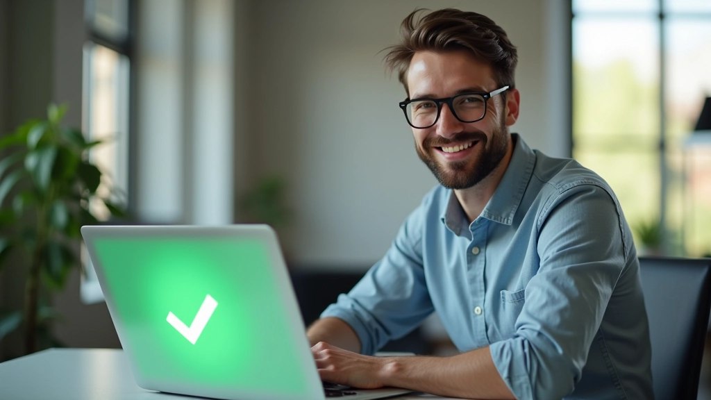 Zufriedener Designer sieht grünes Häkchen bei Lighthouse Accessibility Audit mit 95+ Score auf Bildschirm