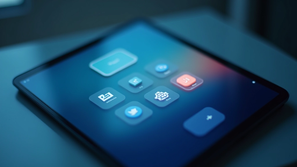 Nahaufnahme eines Tablet-Bildschirms mit neumorphischen UI-Elementen, die sanfte Schatten und erhabene Buttons zeigen